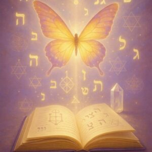 Imagen simbólica de lectura de Cábala Natal con mariposa luminosa sobre libro abierto, cuarzo y símbolos cabalísticos, representando el propósito de vida y el plan del alma
