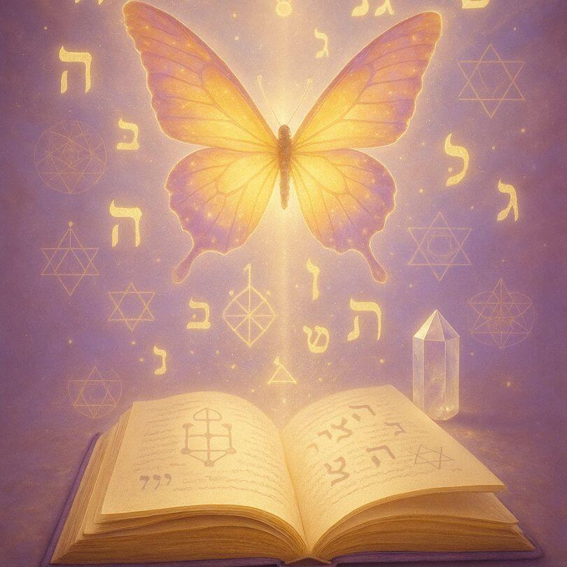 Imagen simbólica de lectura de Cábala Natal con mariposa luminosa sobre libro abierto, cuarzo y símbolos cabalísticos, representando el propósito de vida y el plan del alma