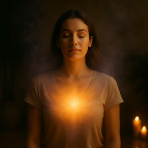 Mujer en calma envuelta en luz dorada durante sesión de limpieza energética online, simbolizando liberación y transformación.