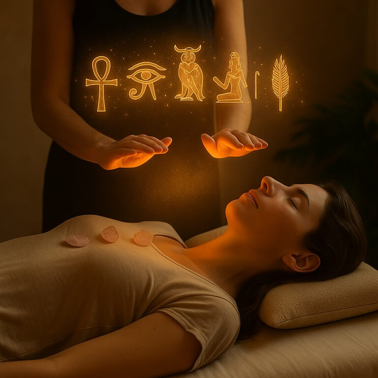 Sesión de Reiki Egipcio en camilla con cristales y símbolos energéticos, presencial y online