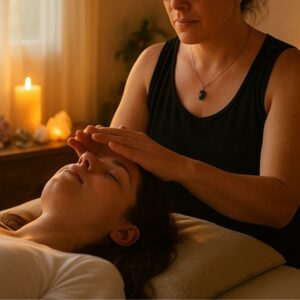 Cristina Pindado, terapeuta de La Alquimia del Alma, aplicando sesión de Reiki Usui presencial y online