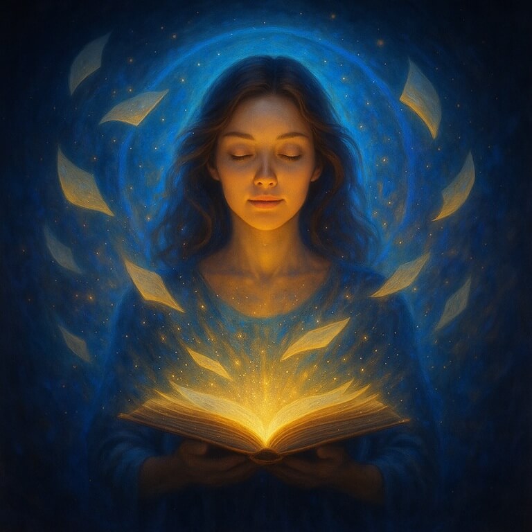 Mujer con ojos cerrados envuelta en un aura azul y dorada, simbolizando conexión espiritual y revelación en una sesión de lectura de Registros Akáshicos presencial u online.
