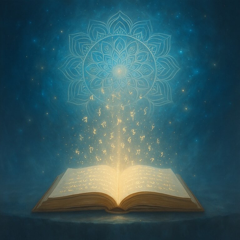 Libro de luz abierto emanando letras doradas y energía celeste sobre un altar etéreo, representando la sabiduría ancestral y el conocimiento sagrado del Akasha.