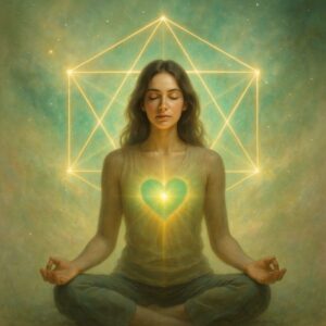 Mujer con corazón vibrante y hexágono luminoso simbolizando la sanación emocional de la terapia vibracional Tameana Ma'at