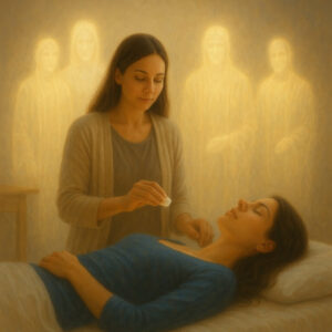 Terapeuta realizando Terapia LEMA con apoyo de Maestros de Luz, sesión de limpieza energética de las memorias del alma, presencial u online.