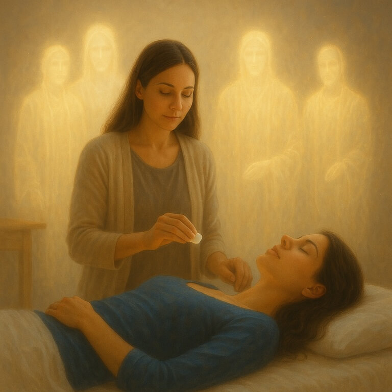 Terapeuta realizando Terapia LEMA con apoyo de Maestros de Luz, sesión de limpieza energética de las memorias del alma, presencial u online.