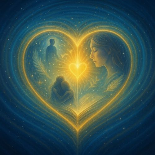 Corazón radiante irradiando ondas de luz azul y dorada, con figuras en su interior simbolizando la sanación, la claridad y el amor del alma.