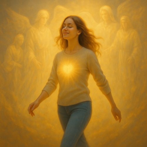 Mujer caminando ligera con el corazón radiante, sostenida por ángeles y Maestros de Luz, símbolo de los beneficios de la Terapia LEMA, limpieza energética del alma.