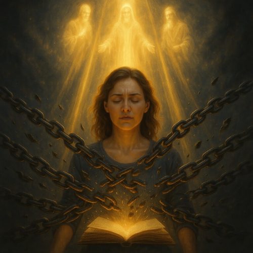 Mujer liberándose de cadenas oscuras con rayos de luz de los Maestros durante una sesión de Terapia LEMA, limpieza energética de memorias del alma.