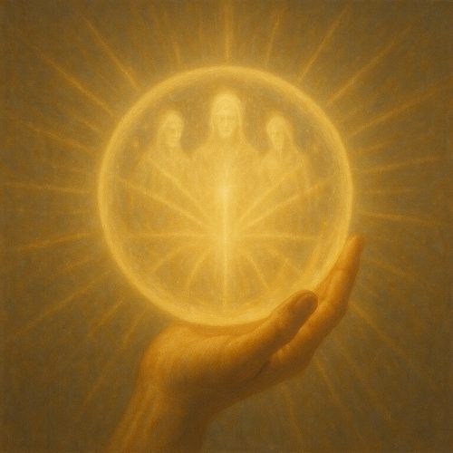 Mano sosteniendo una esfera luminosa con figuras de Maestros en su interior, irradiando rayos de luz, símbolo de la llamada espiritual de la Terapia LEMA.