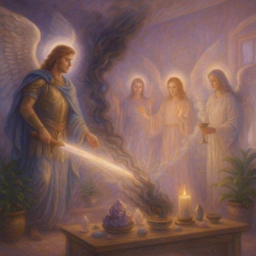 Arcángel Miguel realizando limpieza energética con espada de luz y cuarzos, curso de limpiezas energéticas La Alquimia del Alma
