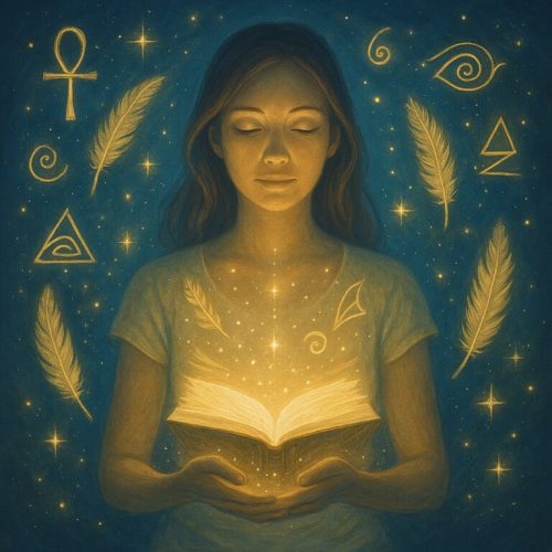 Silueta femenina meditando con un libro de luz frente al corazón, rodeada de plumas y símbolos akáshicos dorados, representando el aprendizaje y la integración espiritual.