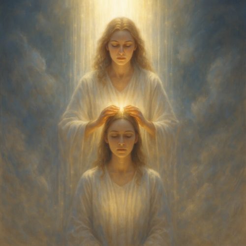 Maestra colocando las manos sobre la cabeza de su alumna mientras una cascada de luz blanca y dorada desciende desde planos superiores, simbolizando la iniciación akáshica.