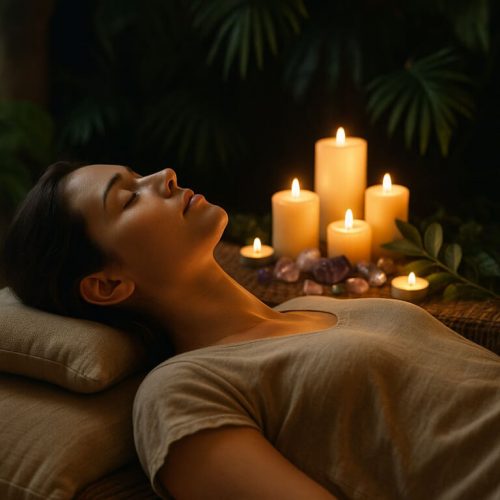 Mujer recibiendo sesión Reiki Usui en Anoia con velas y cuarzos, terapia natural para bienestar y equilibrio