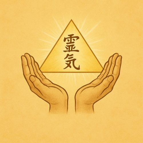 Ilustración de dos manos abiertas sosteniendo un triángulo dorado irradiando luz, con el símbolo de Reiki en el centro, representando energía, equilibrio y la inversión consciente en el camino espiritual.