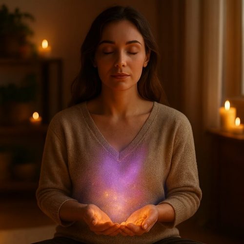 Mujer meditando con una luz violeta brillante en sus manos, representando energía Reiki Usui para sanación