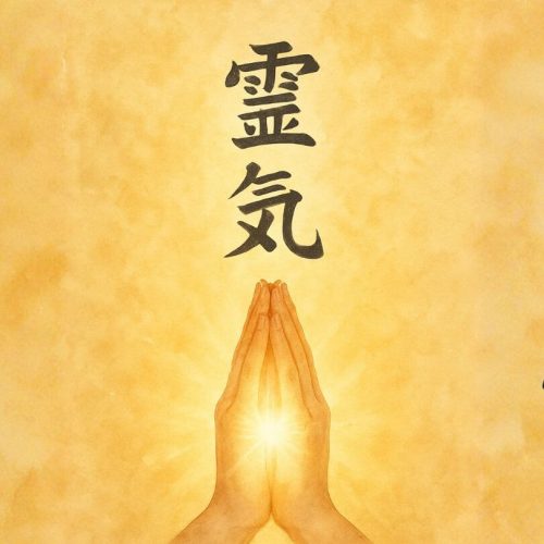 Manos en posición Gassho irradiando luz dorada bajo el kanji de Reiki, símbolo de la energía vital universal.