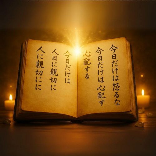 Libro abierto con los cinco principios Reiki Usui escritos en japonés, iluminado con luz dorada espiritual