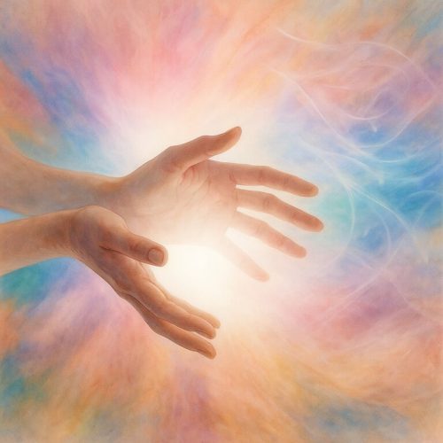 Manos canalizando energía universal en una práctica de Reiki Usui, terapia energética complementaria