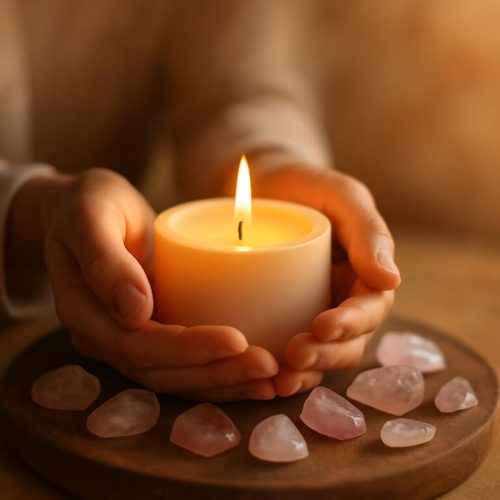 Vela encendida entre manos rodeada de cuarzos, símbolo de conexión espiritual en sesiones Reiki Usui en Anoia