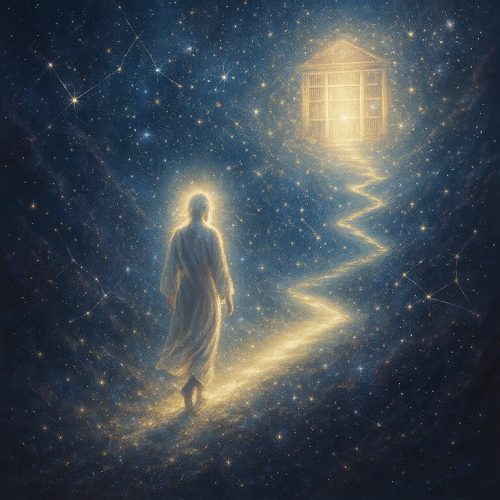 Camino luminoso ascendiendo entre estrellas hacia una biblioteca etérica dorada, representando el viaje del alma hacia la sabiduría akáshica.