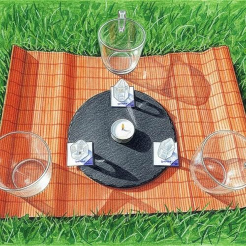 Dibujo de la estructura de Tameana Pūjā con cuarzos, agua y fuego sobre esterilla, mostrando la geometría vibracional del ritual