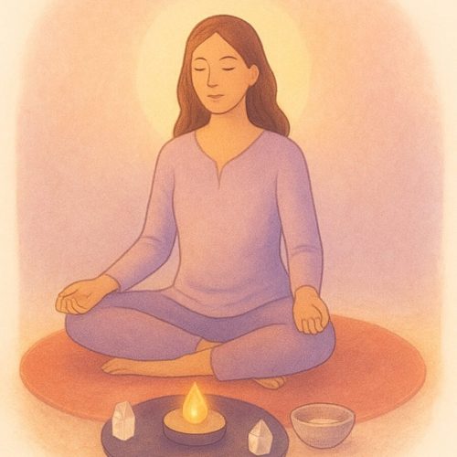 Ilustración de una mujer meditando durante una sesión de Tameana Pūjā con cuarzos, agua y fuego, representando equilibrio energético y calma interior.