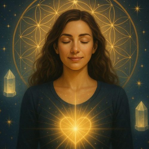 Mujer con el corazón brillante rodeada de geometría sagrada y cuarzos, simbolizando la expansión energética y claridad que aporta Tameana Salush Nahí.