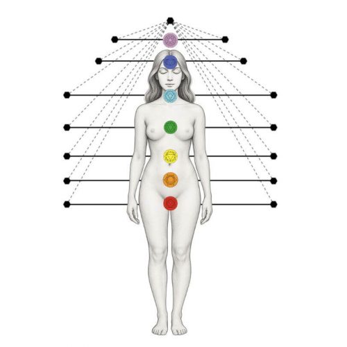 Representación de chakras alineados y geometría sagrada en la práctica vibracional de Tameana Salush Nahí, curso presencial y a distancia de La Alquimia del Alma