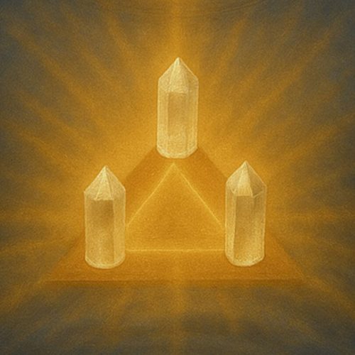 Triángulo de cuarzos irradiando luz dorada, representación de la geometría sagrada y la activación vibracional de Tameana Salush Nahí.