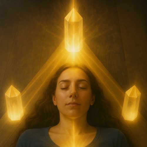 Mujer recibiendo Tameana Salush Nahí dentro de un triángulo de cuarzos brillantes, terapia vibracional pleyadiana presencial u online.