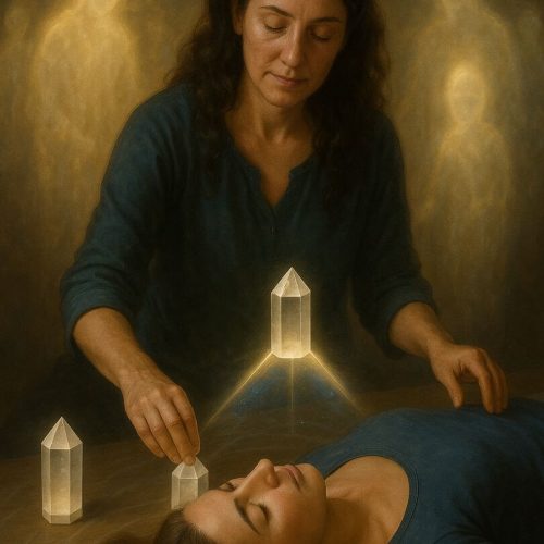 Terapeuta colocando cristales de cuarzo en triángulo durante una sesión de Tameana Salush Nahí, terapia vibracional pleyadiana de sanación profunda.