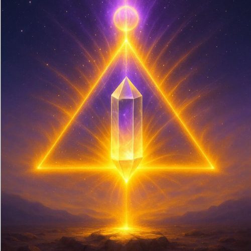 Triángulo de cristales de cuarzo irradiando luz dorada y violeta en como símbolo de la expansión energética de una sesión de Tameana Salush Nahí, terapia vibracional pleyadiana presencial u online.