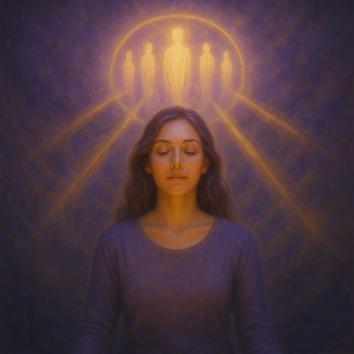 Mujer en meditación rodeada de luz dorada y violeta, acompañada por Maestros de Luz en una sesión de Limpieza Energética de las Memorias del Alma (Terapia LEMA, presencial u online).